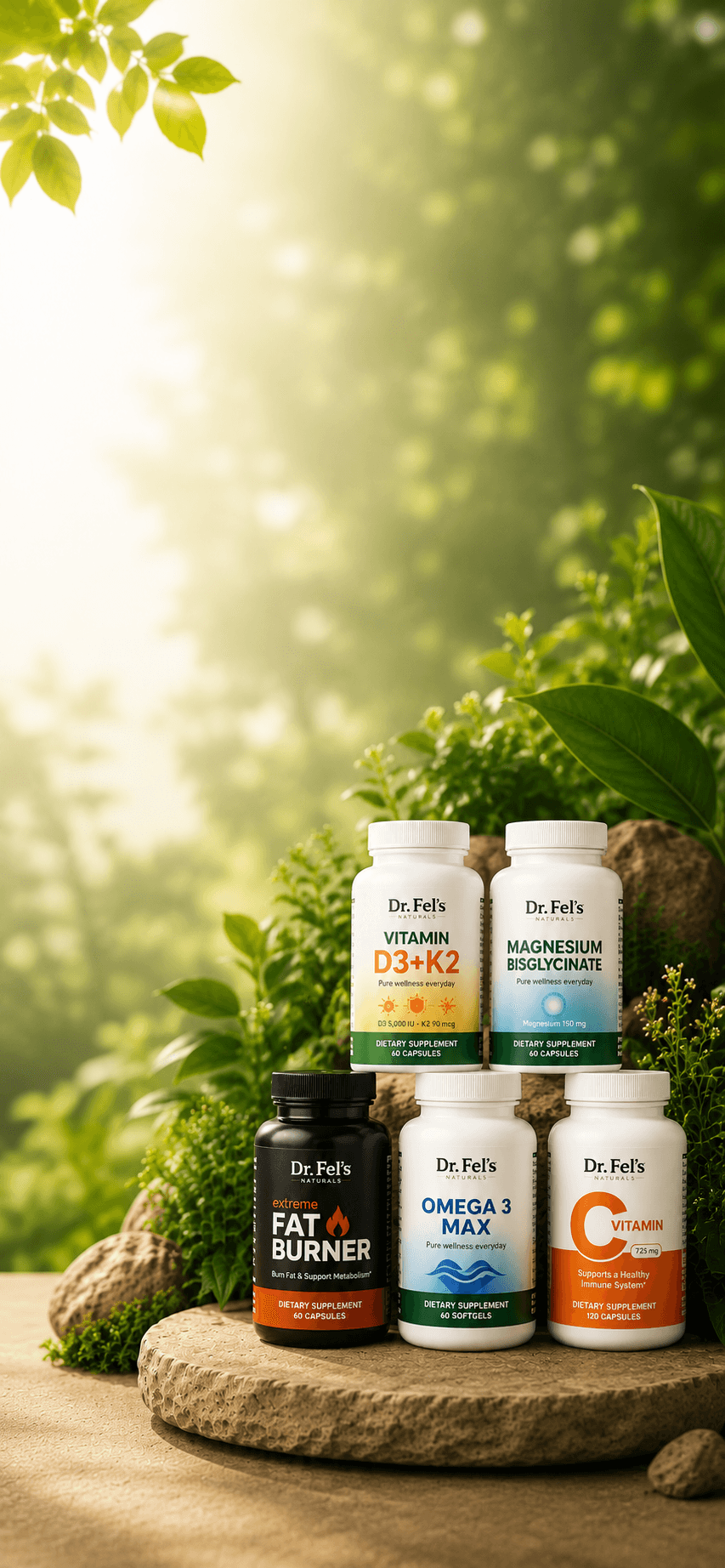 The Dr. Fel's Naturals product range on a stone podium surrounded by greenery