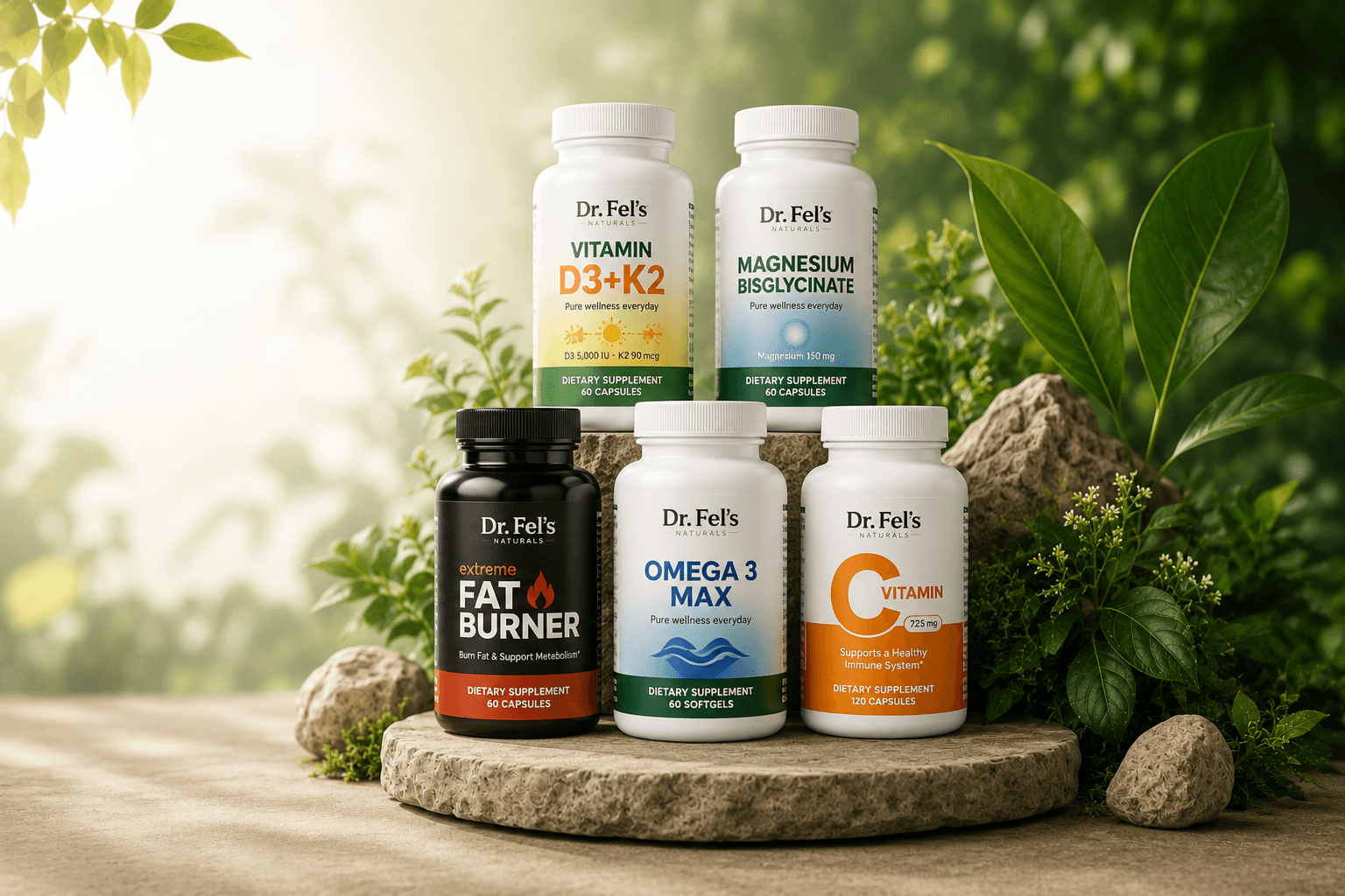 The Dr. Fel's Naturals product range on a stone podium surrounded by greenery
